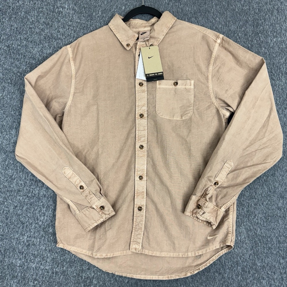 Nike Move To Zero Button Up Shirt Mens Small Beige‎ Loose Fit Organic Cotton NWT